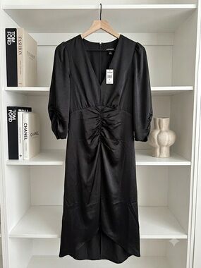 Express Black Ruched V-Neck High-Low Midi Dress
